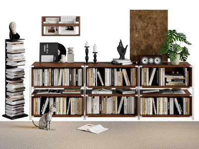 现代中古风实木书柜 书架 摆件组合