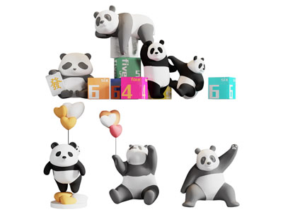 现代熊猫雕塑雕刻 美陈 摆件组合