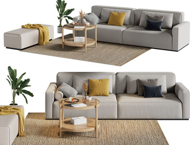 现代布艺双人沙发 沙发凳子和茶几组合