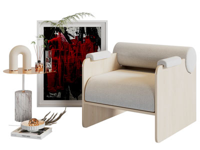 现代单人沙发 边几 地画
