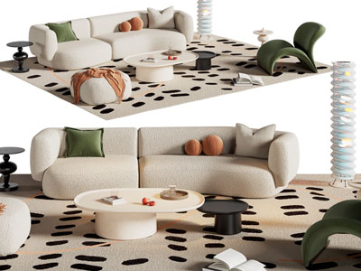 现代奶油风双人沙发 休闲椅子和茶几组合