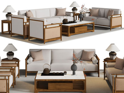 新中式多人 双人 单人沙发和茶几组合