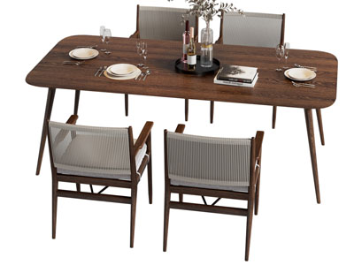 现代中古风长方形餐桌椅组合3d模型 现代中古风长方形餐桌椅组合