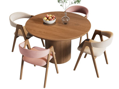 现代中古风圆形餐桌椅组合3d模型 现代中古风圆形餐桌椅组合