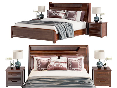 新中式实木双人床 床头柜