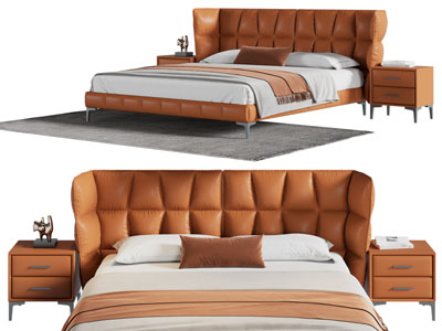 现代中古风双人床 床头柜