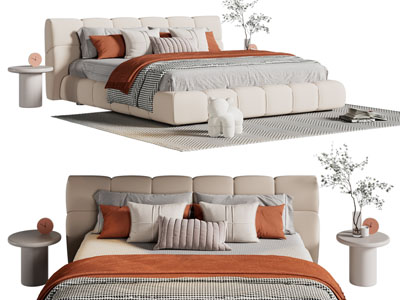 现代布艺双人床 床头柜