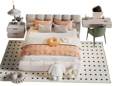 现代奶油风双人床 床头柜