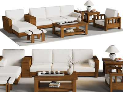 新中式实木多人 单人沙发和茶几组合