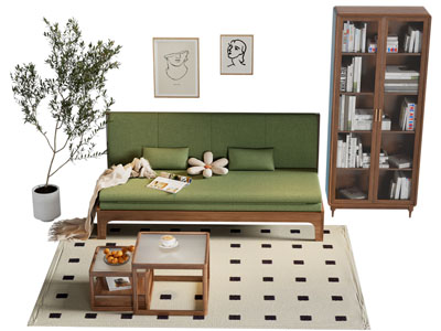 新中式中古风多人沙和茶几组合 书柜