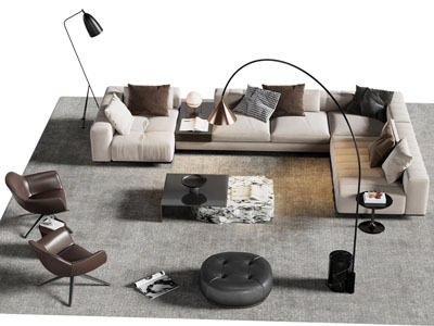 现代布艺转角多人沙发 茶几组合