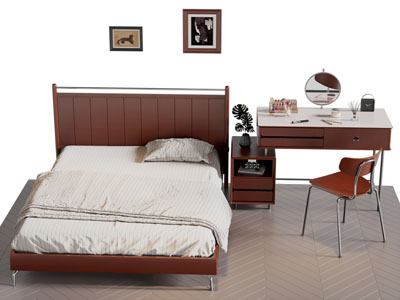 现代中古风双人床 梳妆台