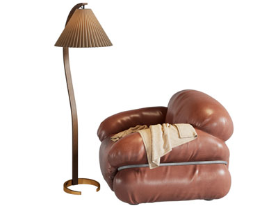 现代中古风单人沙发 落地灯