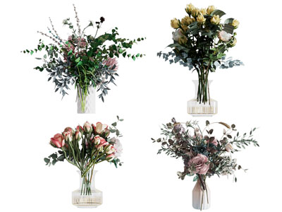 现代玻璃花瓶花卉3d模型 现代玻璃花瓶花卉