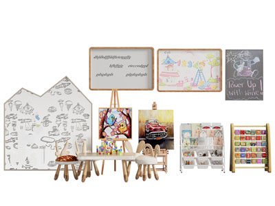 现代涂鸦白板 玩具收纳架 儿童桌椅组合3d模型 现代涂鸦白板 玩具收纳架 儿童桌椅组合