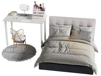 现代布艺双人床 梳妆台