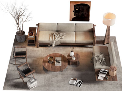 侘寂风多人 双人沙发 休闲椅子和茶几组合