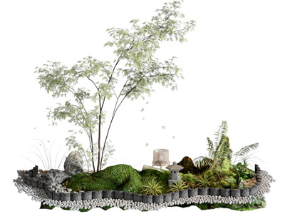 新中式庭院花池 树木 石头景观园艺小品