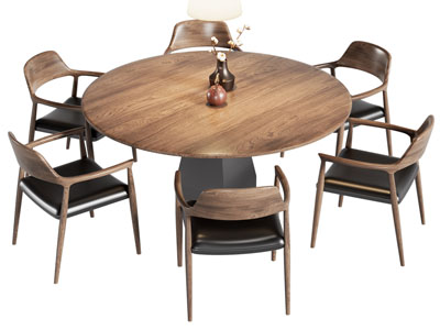 侘寂风中古风圆形餐桌椅组合3d模型 侘寂风中古风圆形餐桌椅组合