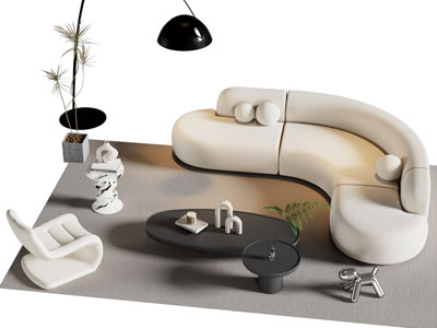 侘寂风弧形多人沙发 休闲椅子和茶几组合