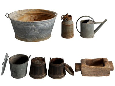 现代木桶 马槽 铝盆 盆 洒水壶 老物件