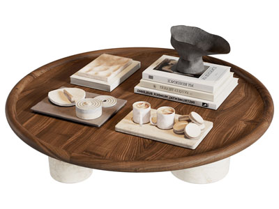 侘寂风圆形茶几 书籍 咖啡 摆件组合