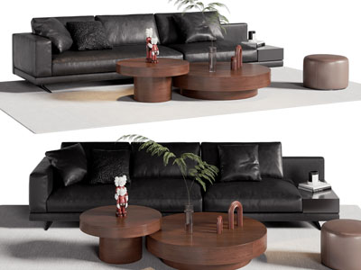 现代中古多人沙发 圆形茶几组合