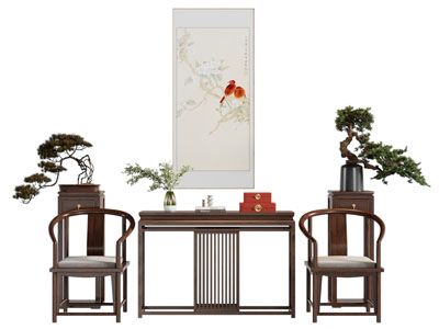 新中式圈椅 花架 盆景盆栽植物3d模型 新中式圈椅 花架 盆景盆栽植物