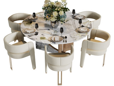 现代轻奢圆形餐桌椅组合3d模型 现代轻奢圆形餐桌椅组合