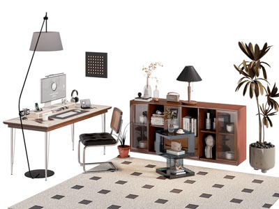 现代中古风玄关柜 边柜 书桌椅组合3d模型 现代中古风玄关柜 边柜 书桌椅组合
