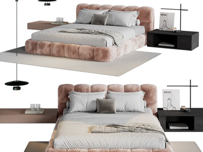 现代布艺双人床 床头柜