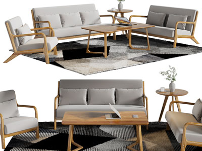 北欧实木边框多人沙发 茶几组合