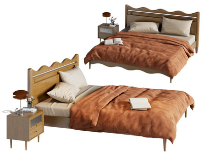 现代中古风双人床 床头柜