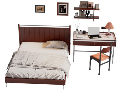 现代中古风双人床 书桌椅组合3d模型 现代中古风双人床 书桌椅组合