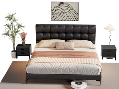 现代双人床 床头柜3d模型 现代双人床 床头柜