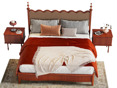 现代中古风双人床 床头柜3d模型 现代中古风双人床 床头柜