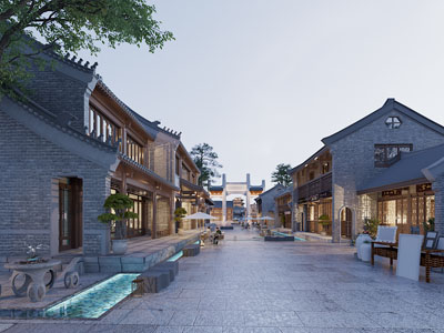 中式古建商业街夜景