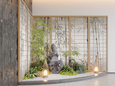 新中式室内景观 竹叶屏风