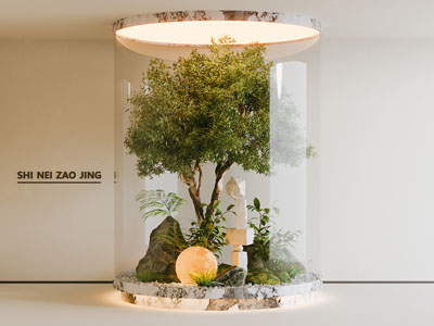 现代室内造景 庭院小品 景观树 石头 月球装饰灯 植物