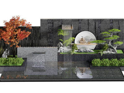 新中式庭院水景 树木 景观园艺小品