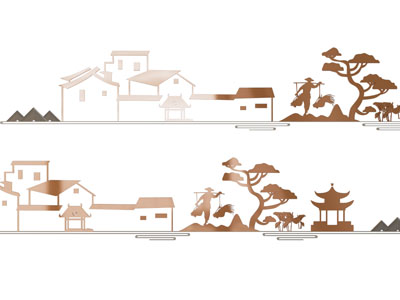 新中式建筑剪影 墙饰 墙贴 剪纸