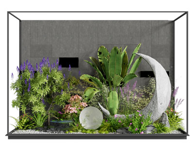 植物堆 室内植物造景 花境 月亮雕塑小品 花草 庭院小