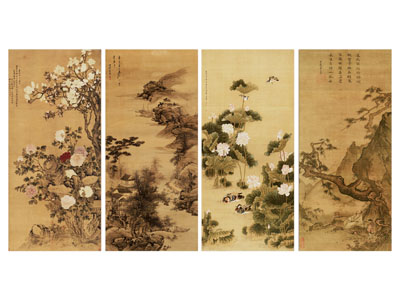中式传统山峰花禽四拼挂画