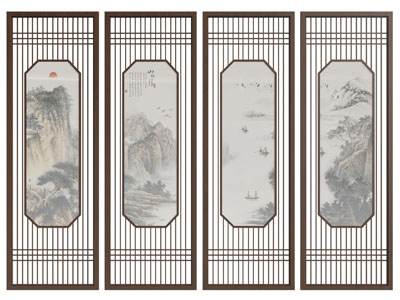 新中式隔断 新中式屏风隔断 花格隔断 绢布画