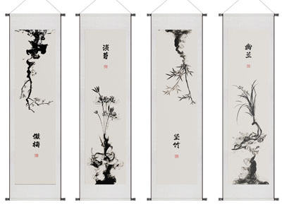 新中式装饰画 卷轴画 四联画 黑白画 新中式画