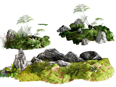 苔藓 石头 花草 景观园艺小品