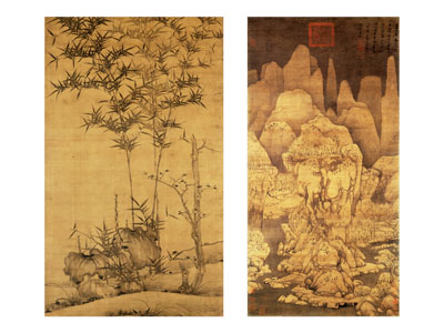 中式传统 竹石图 雪景图双拼挂画