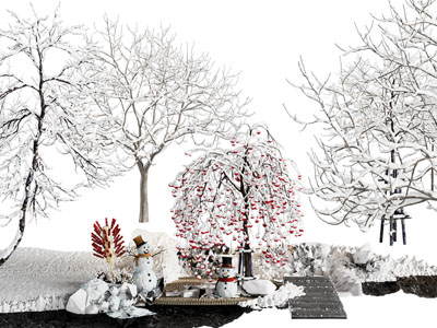 现代雪景灌木 雪人雪球 冬季树景观园艺小品
