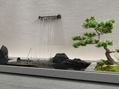 现代新中式假山水景 叠水景观 室内景观小品