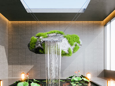 现代水景观 室内水景 悬浮石 苔藓 室内鱼池